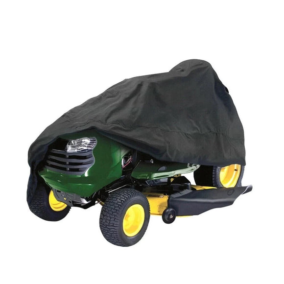  A green lawn mower, protected by a black UV-Resistant cover
