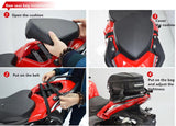 Steps to install a seat on a motorcycle, featuring a waterproof tail bag for added storage and protection.