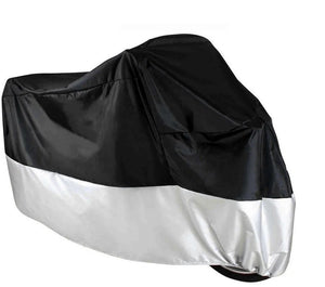 A motorcycle cover displaying a striking black and white design, ideal for keeping the bike safe and dry. 