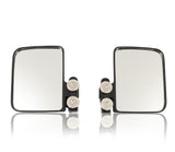 Two side view mirrors featuring white and black trim, positioned to show their sleek design and reflective surfaces.