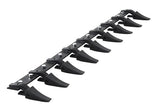 Curved shark-shaped black plastic handles for a tractor's tooth bar.